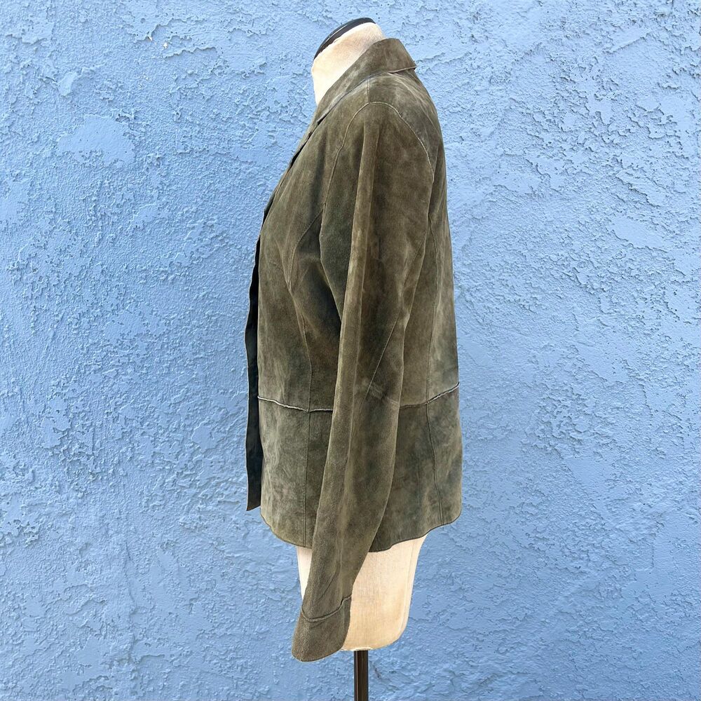 Olive Green Suede Jacket Medium Y2k luxury - Picture 7 of 8